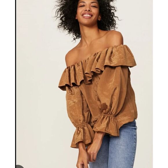 MISA Los Angeles Saskayi Off Shoulder Long Sleeve Tiered Ruffle Burgundy Blouse - Picture 11 of 11